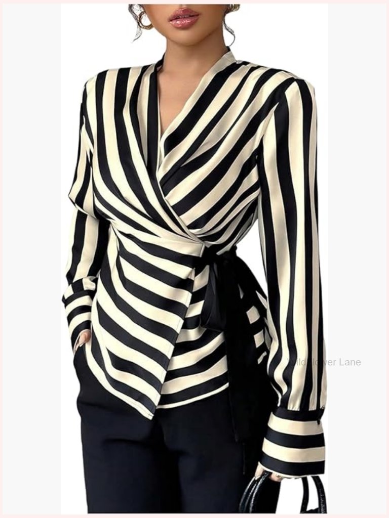 Women's V-Neck Wrap Blouse Long Sleeve Striped Top Dressy Casual